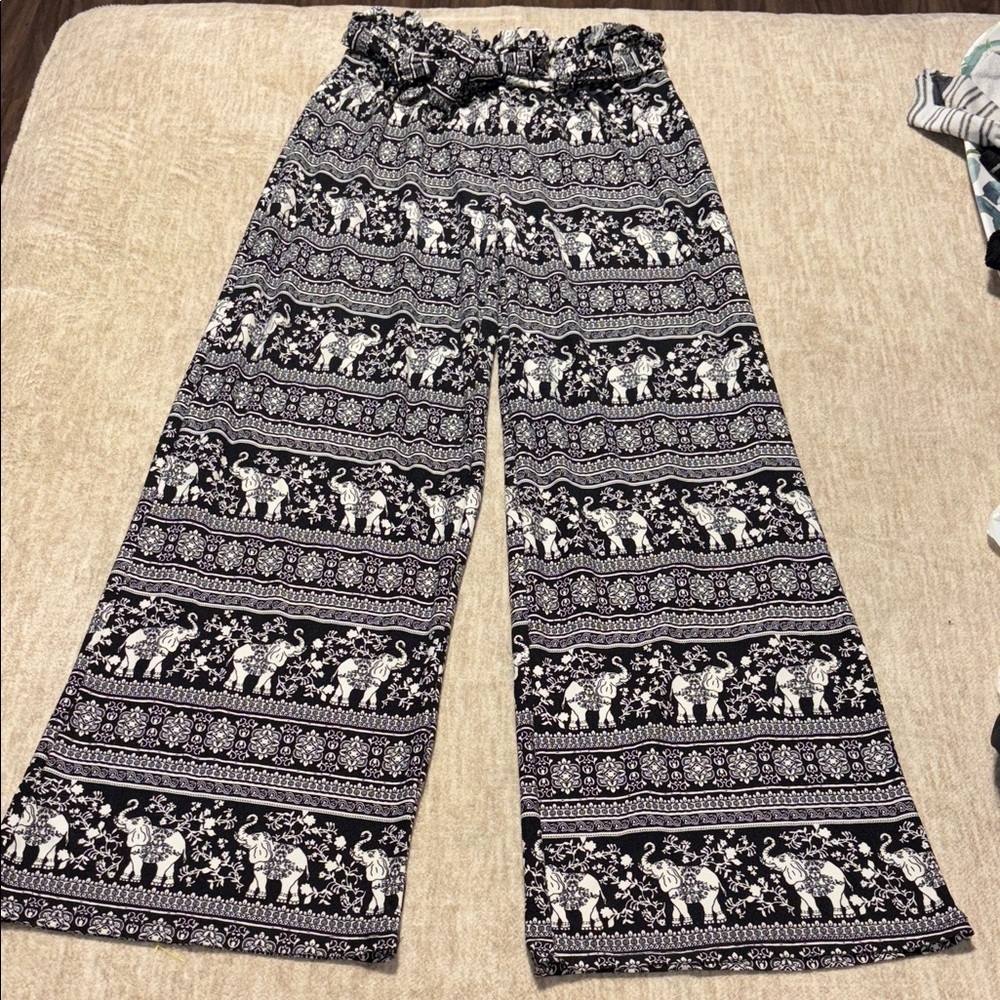 Small Pink Republic Elephant Black White wide leg paperbag stretchy flowy Pants